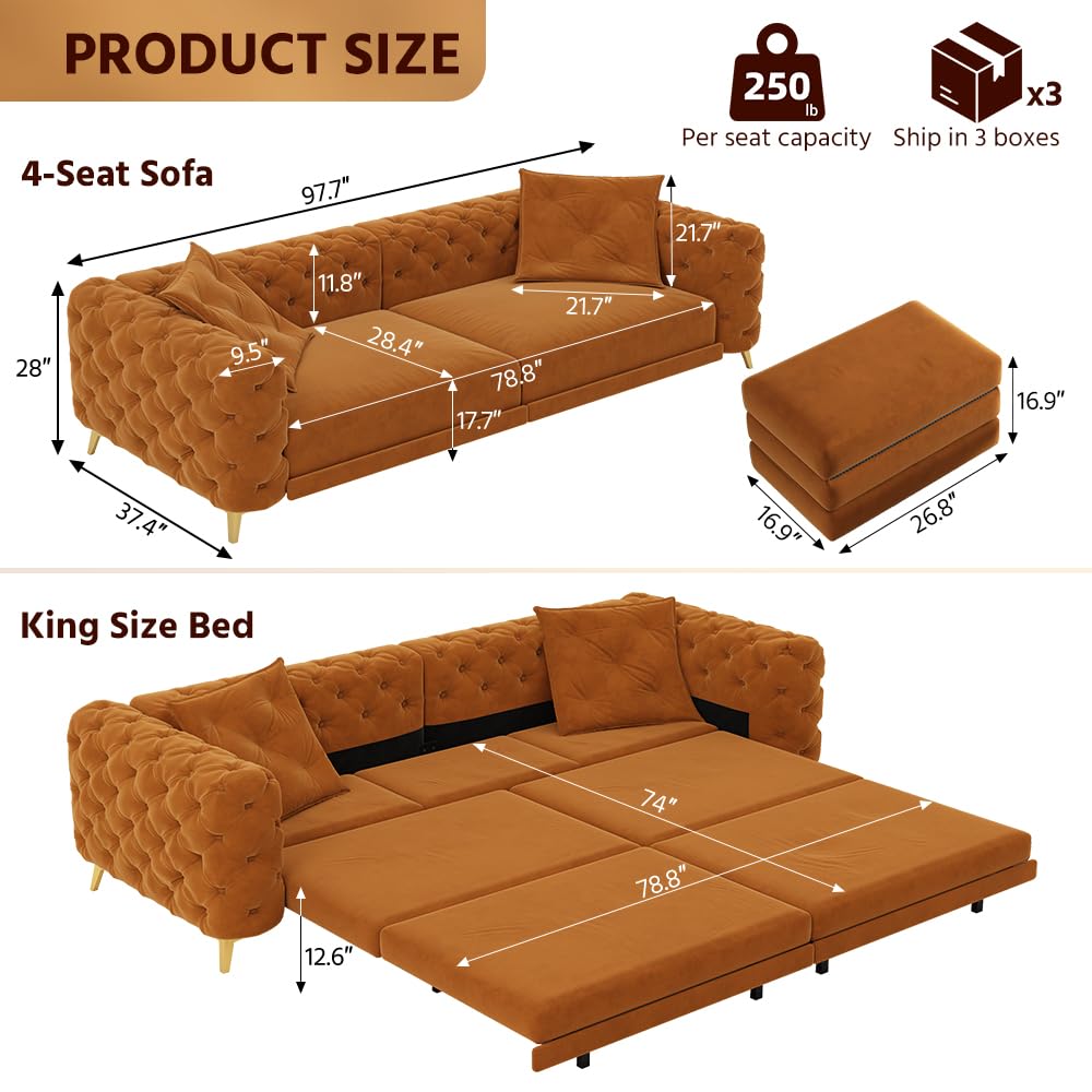 Orange Velvet 3 in 1 Convertible Sleeper Sofa V7939