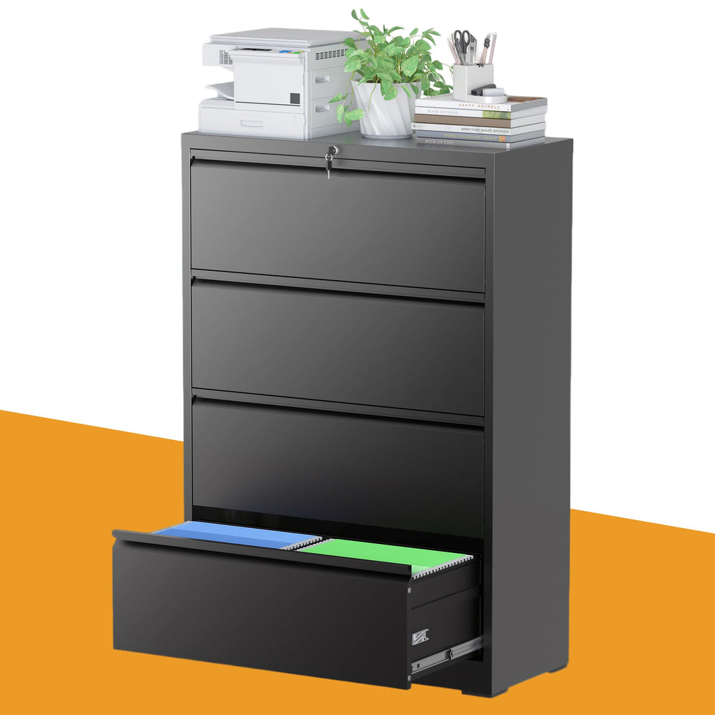 Black 4 Drawer Metal Lateral File Cabinet with Lock W40714