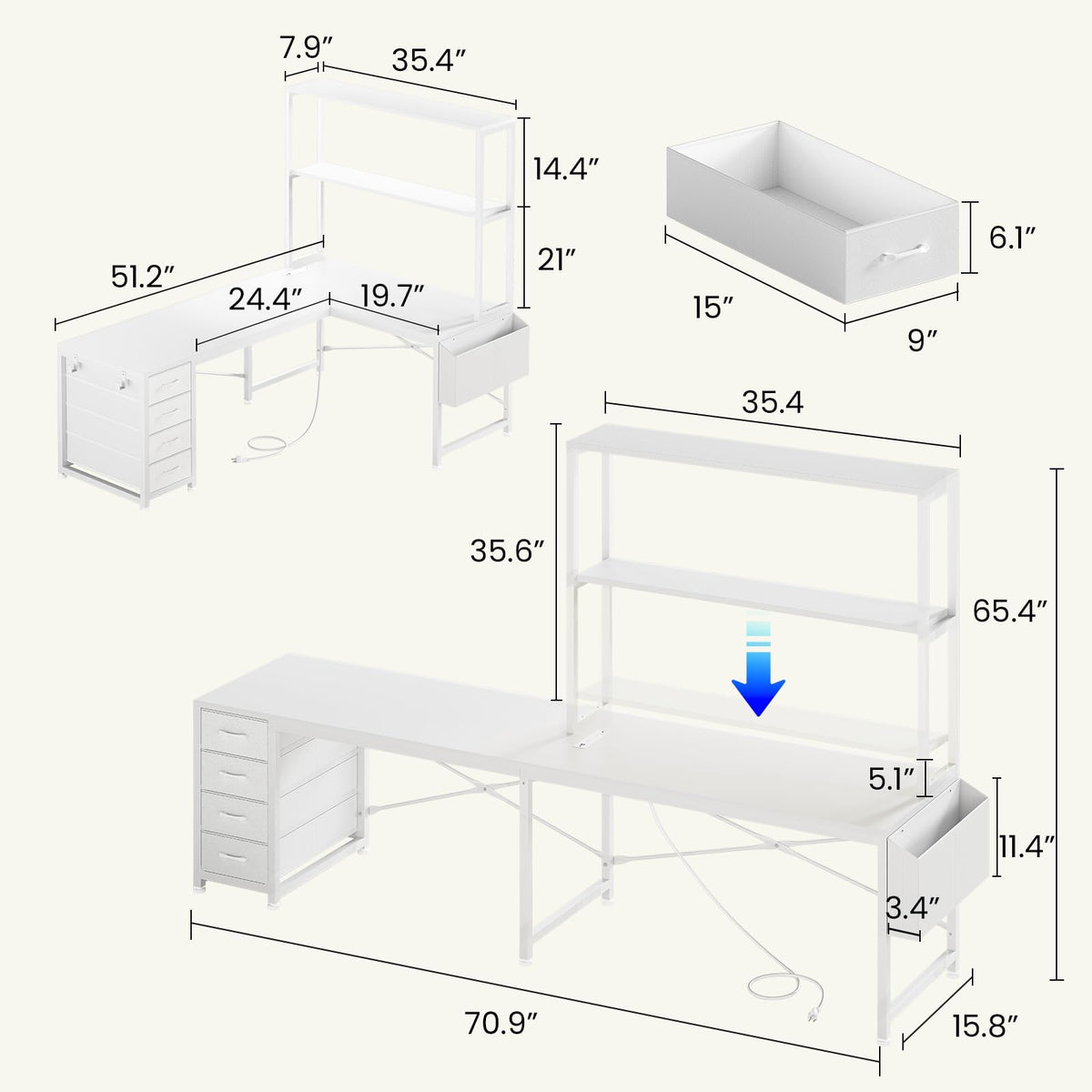 L Shaped Corner Desk with 4 Drawer, Power Outlet & LED Lights, White B821