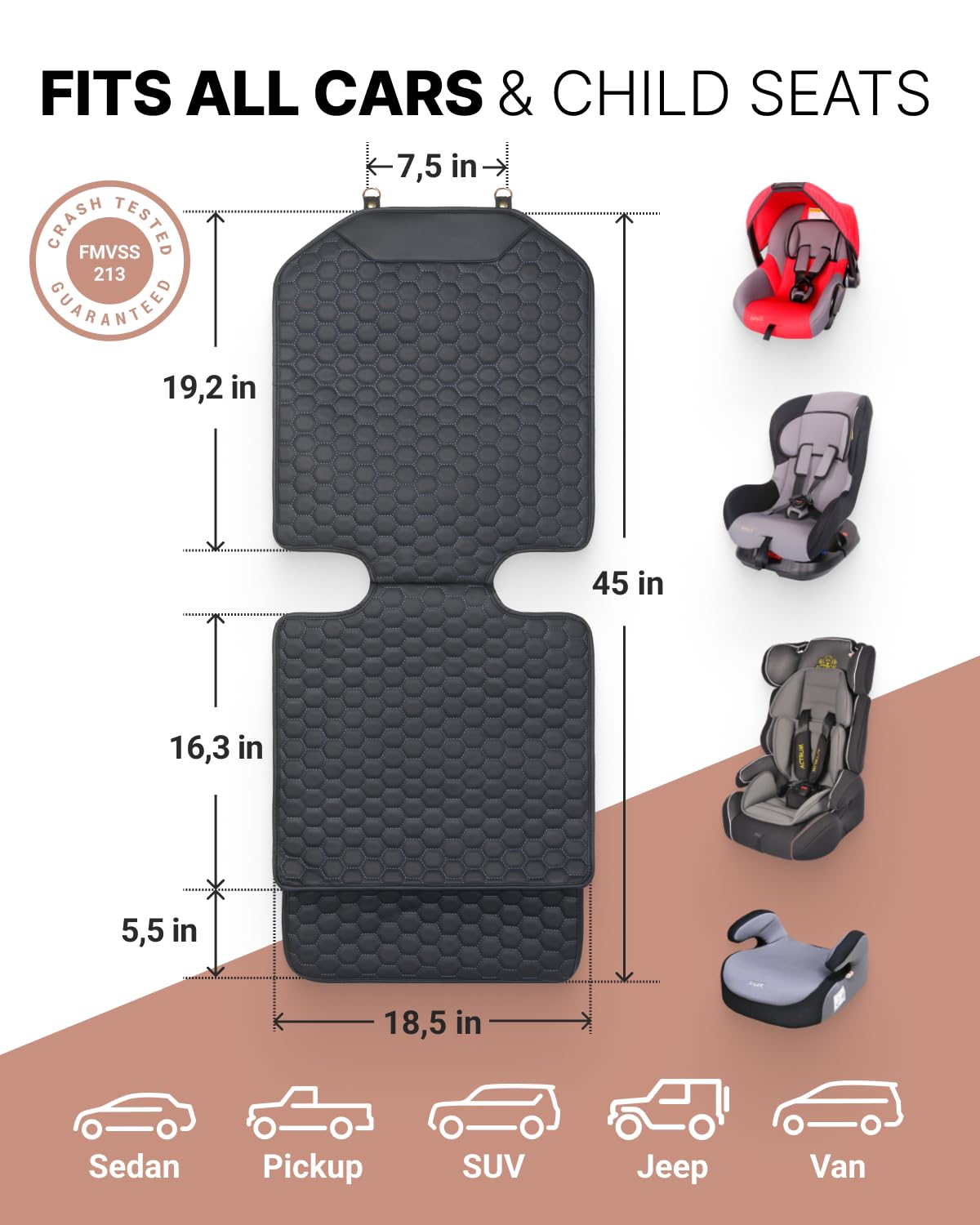 Black-Brown Backless Booster Seat with Latch, Leather Seat Protector & Kick Mat Set O735459