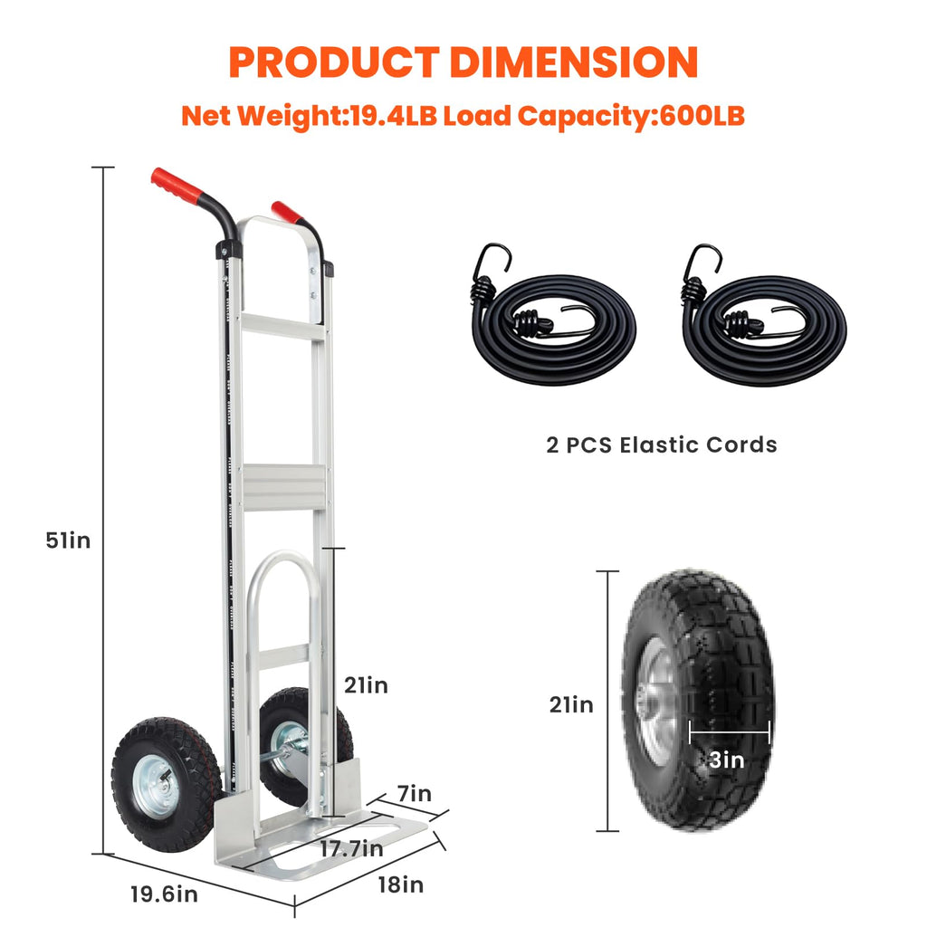 Aluminum Hand Truck Dolly Cart with 10" Pneumatic Tire, 600 LBS Capacity T36623