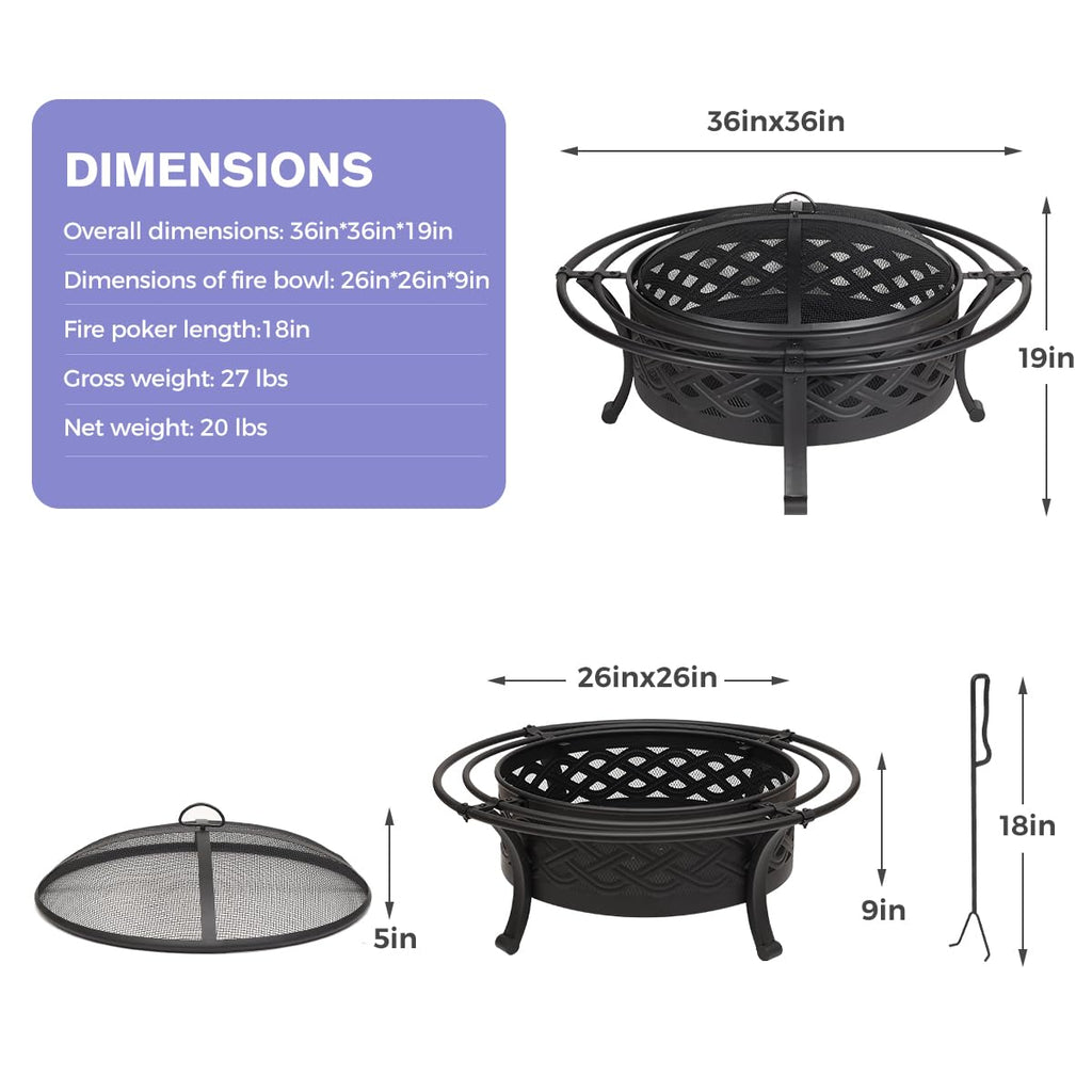 36 Inch Outdoor Fire Pit with Spark Screen Black E13474
