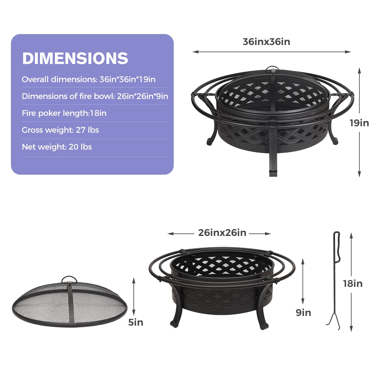 36 Inch Outdoor Fire Pit with Spark Screen Black E13474