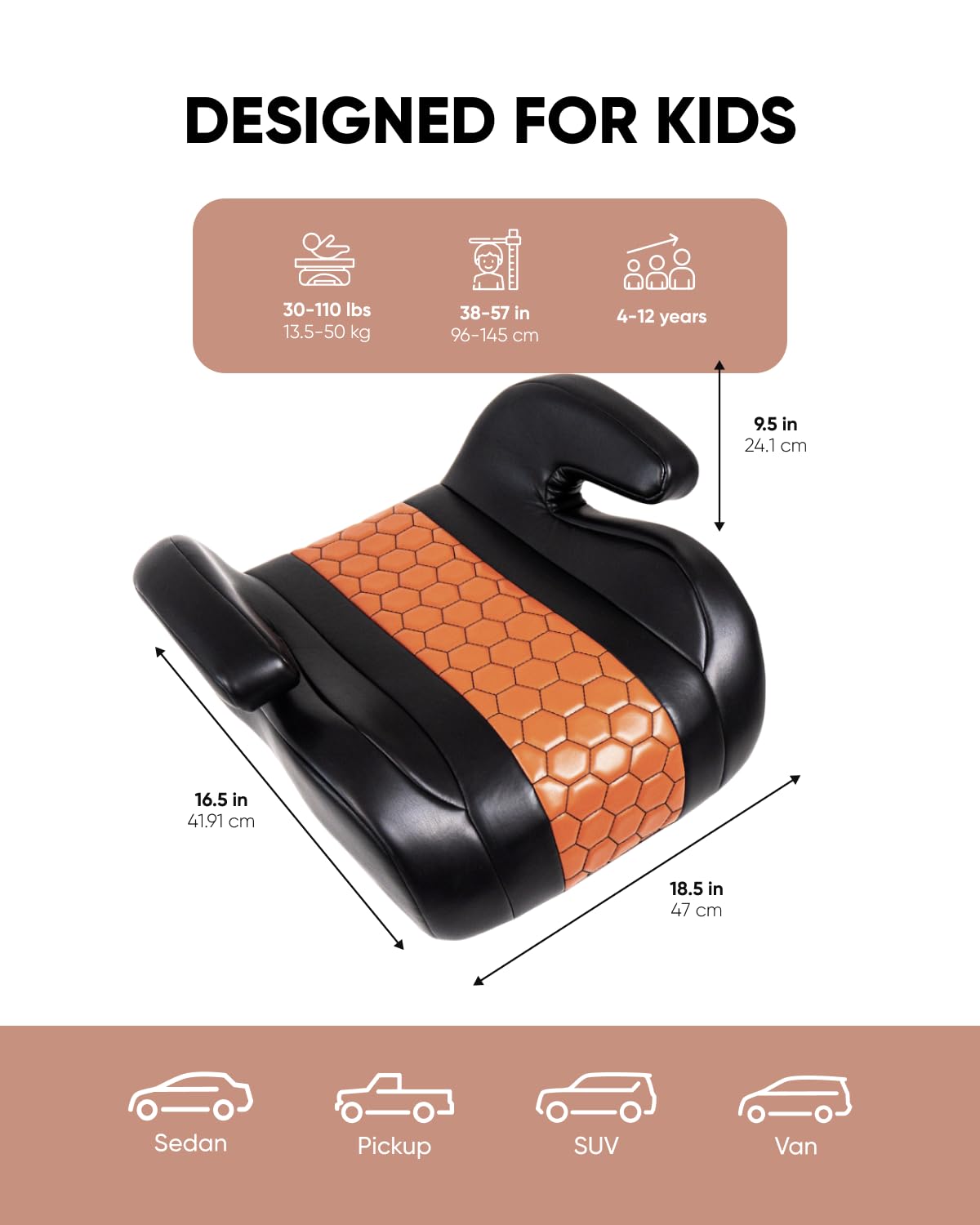 Black-Brown Backless Booster Seat with Latch, Leather Seat Protector & Kick Mat Set O735459