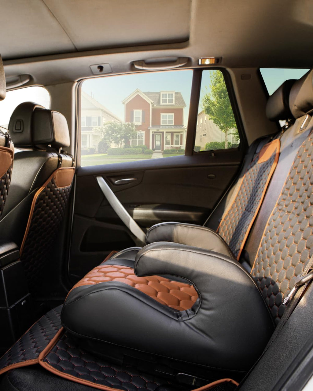 Black-Brown Backless Booster Seat with Latch, Leather Seat Protector & Kick Mat Set O735459