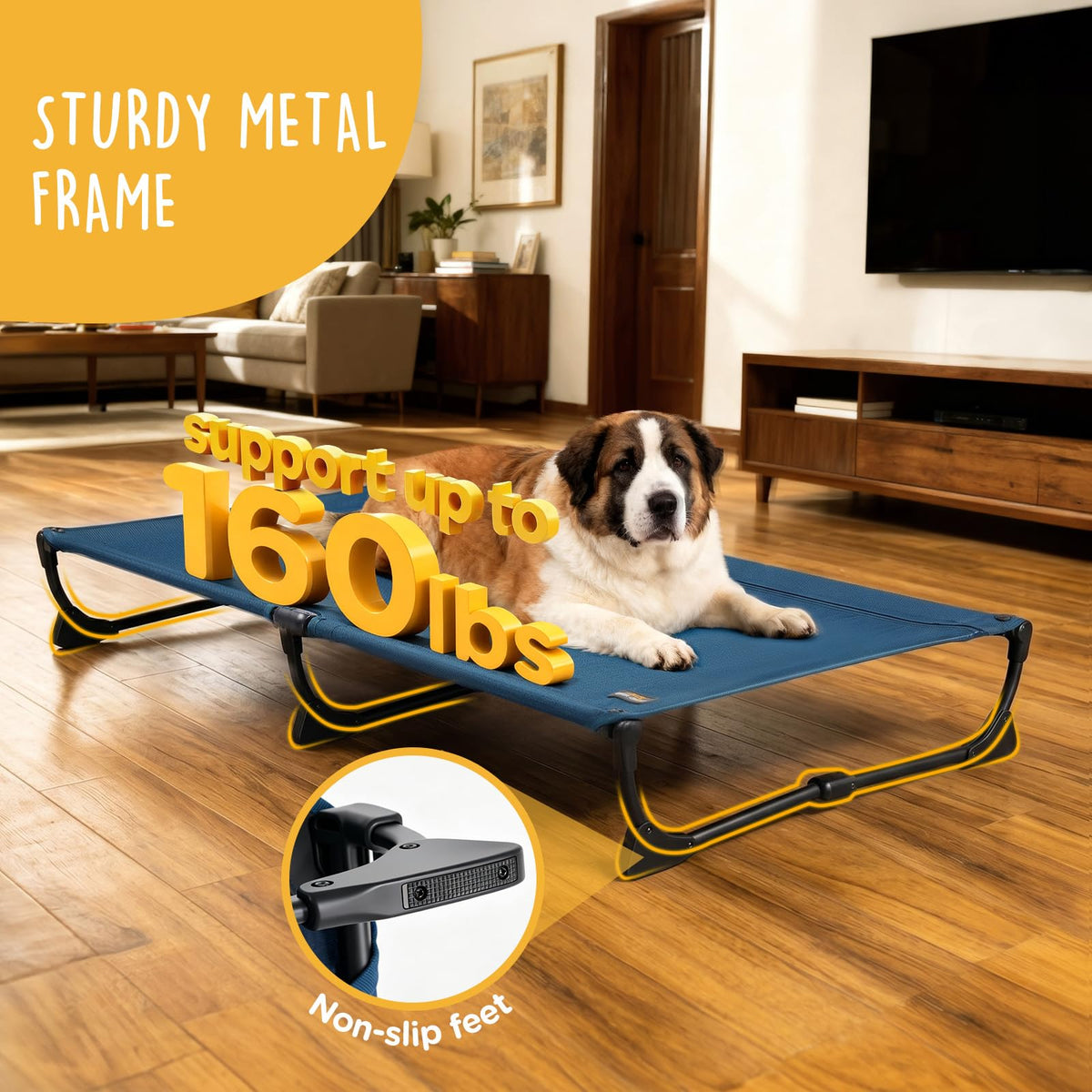 Large Elevated Dog Cot with Non-Slip Feet, Dark Blue R322