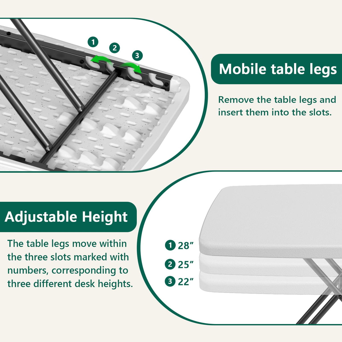Folding Table 30 Inch Adjustable Height White Granite R231166