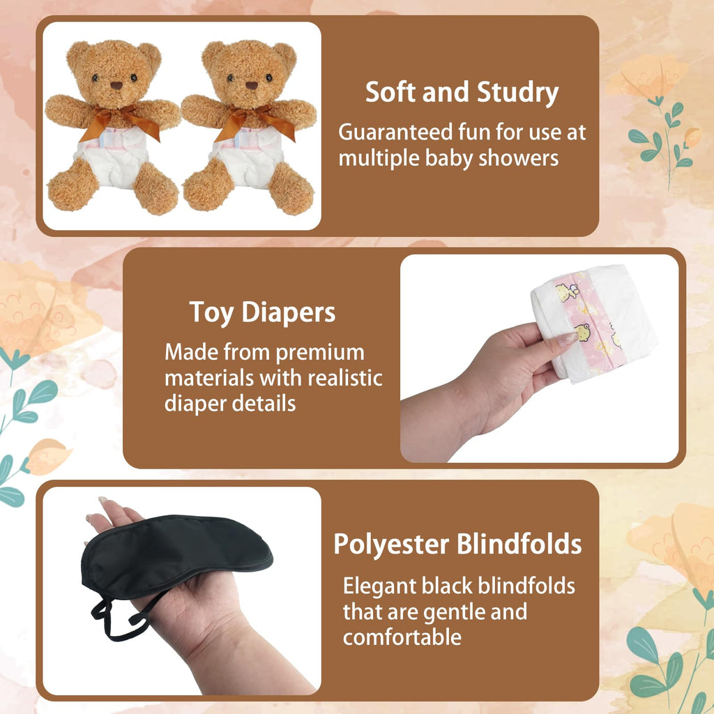 Baby Shower Games Set of 12 with Diapers, Baby Dolls, White Organza Bags and Blindfolds H24302