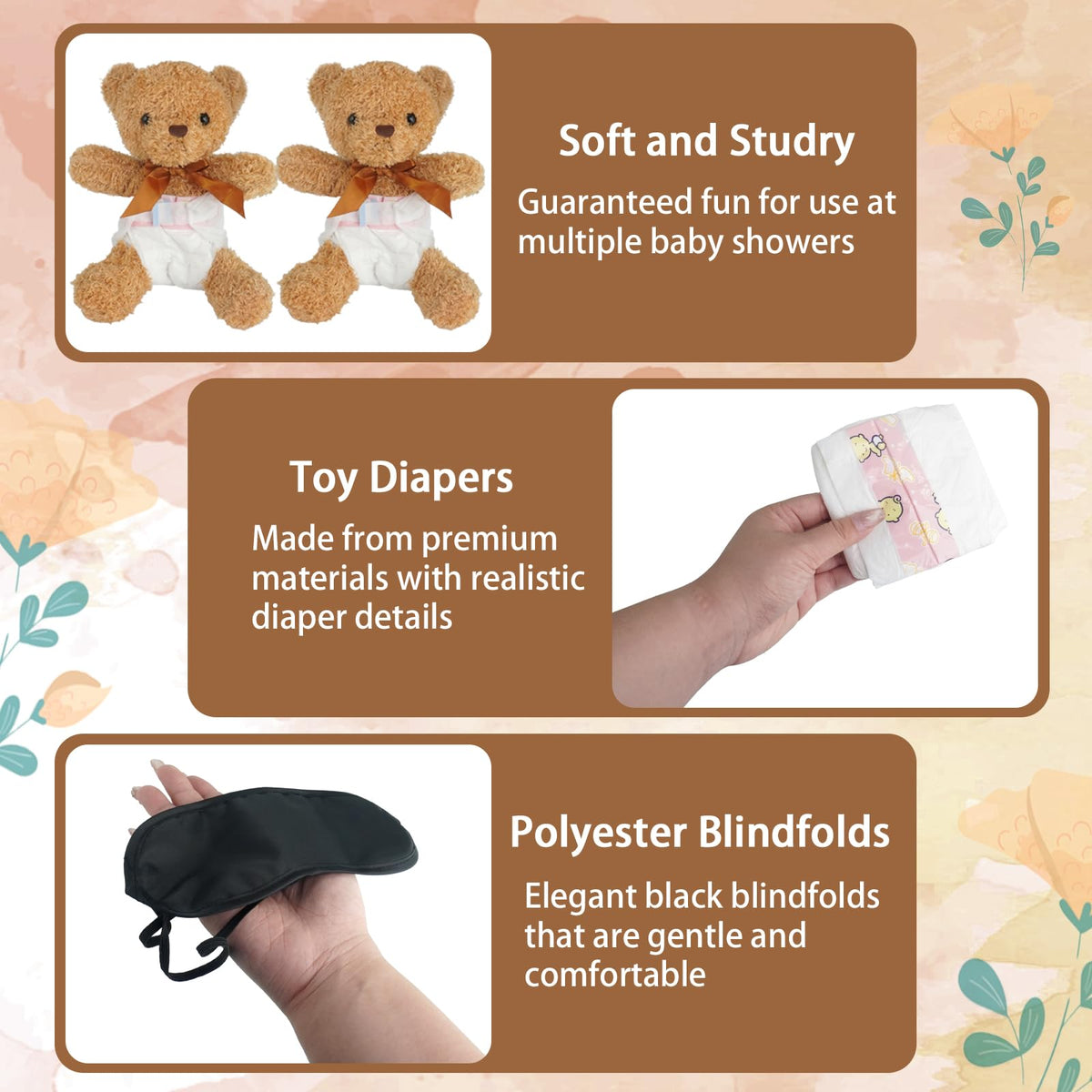 Baby Shower Games Set of 12 with Diapers, Baby Dolls, White Organza Bags and Blindfolds H24302