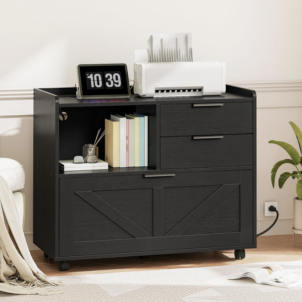 Black Wood Lateral File Cabinet with Charging Station P406