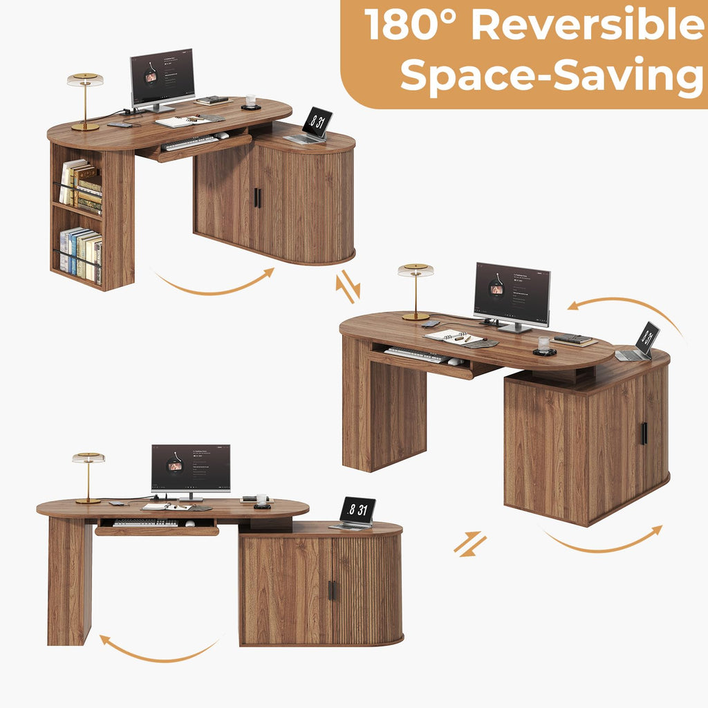 L Shaped Corner Desk with Storage Cabinet Walnut 60 Inch V17503
