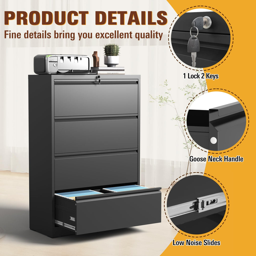 Black 4 Drawer Metal Lateral File Cabinet with Lock W40714
