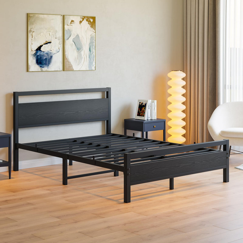 Black Full Size Bed Frame with Wood Headboard and Storage Q418524