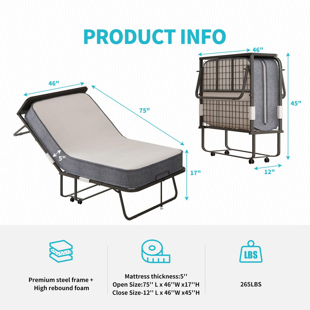 75" x 46" Folding Bed with 5" Memory Foam Mattress and Headboard Q178