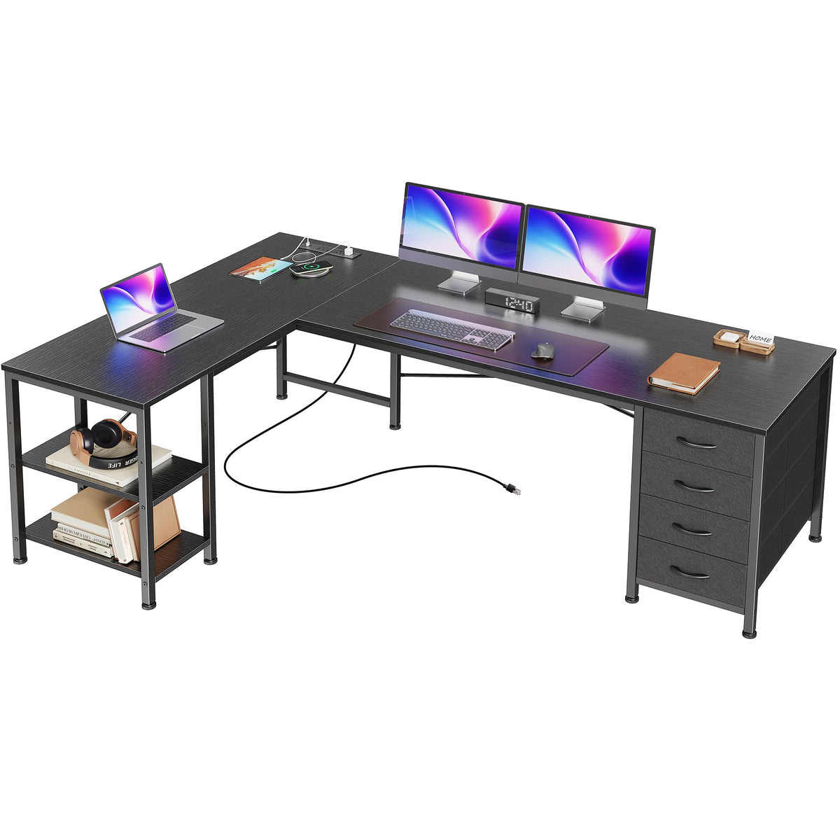 55 Inch L Shaped Desk with Fabric Drawers and Power Outlets N291040