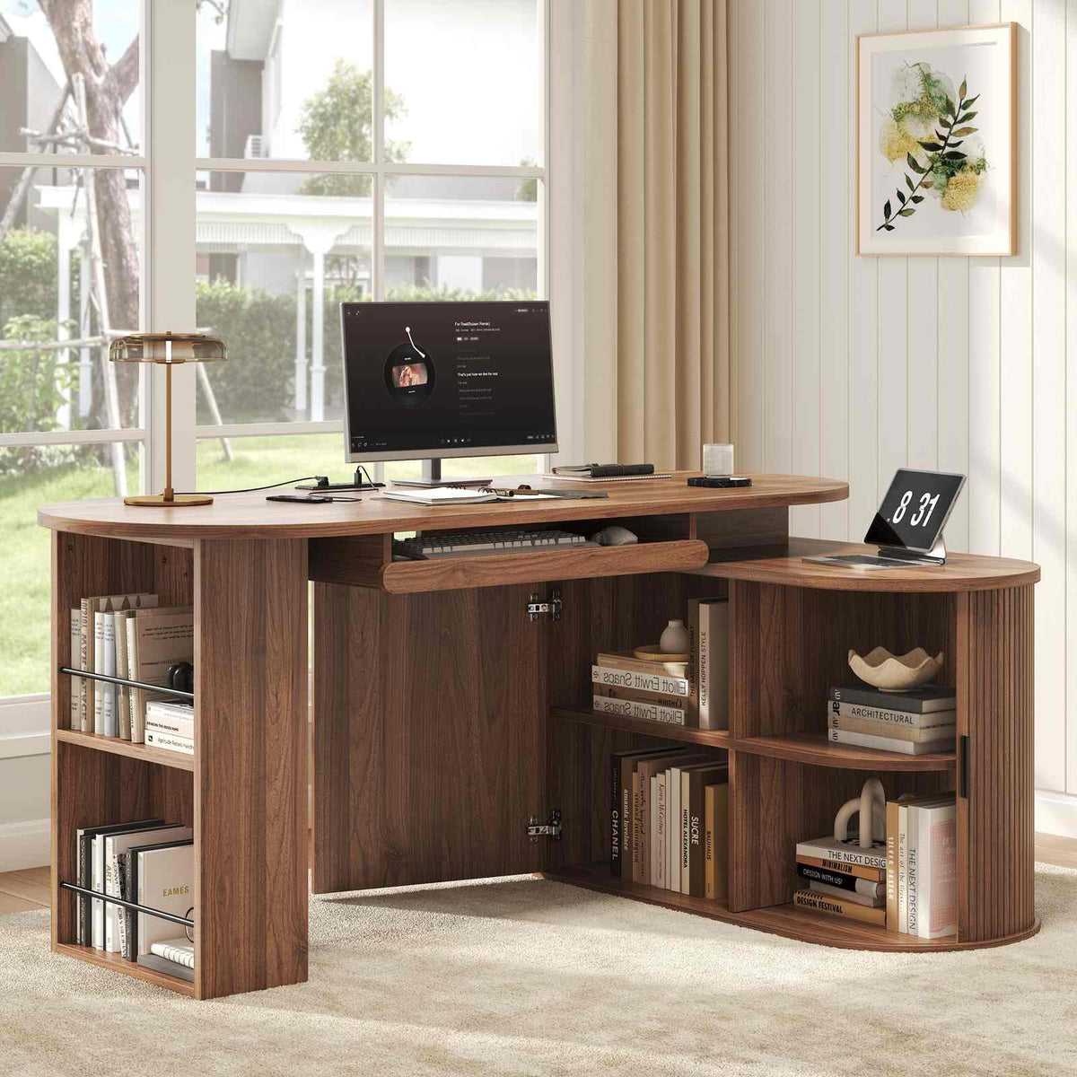 L Shaped Corner Desk with Storage Cabinet Walnut 60 Inch V17503