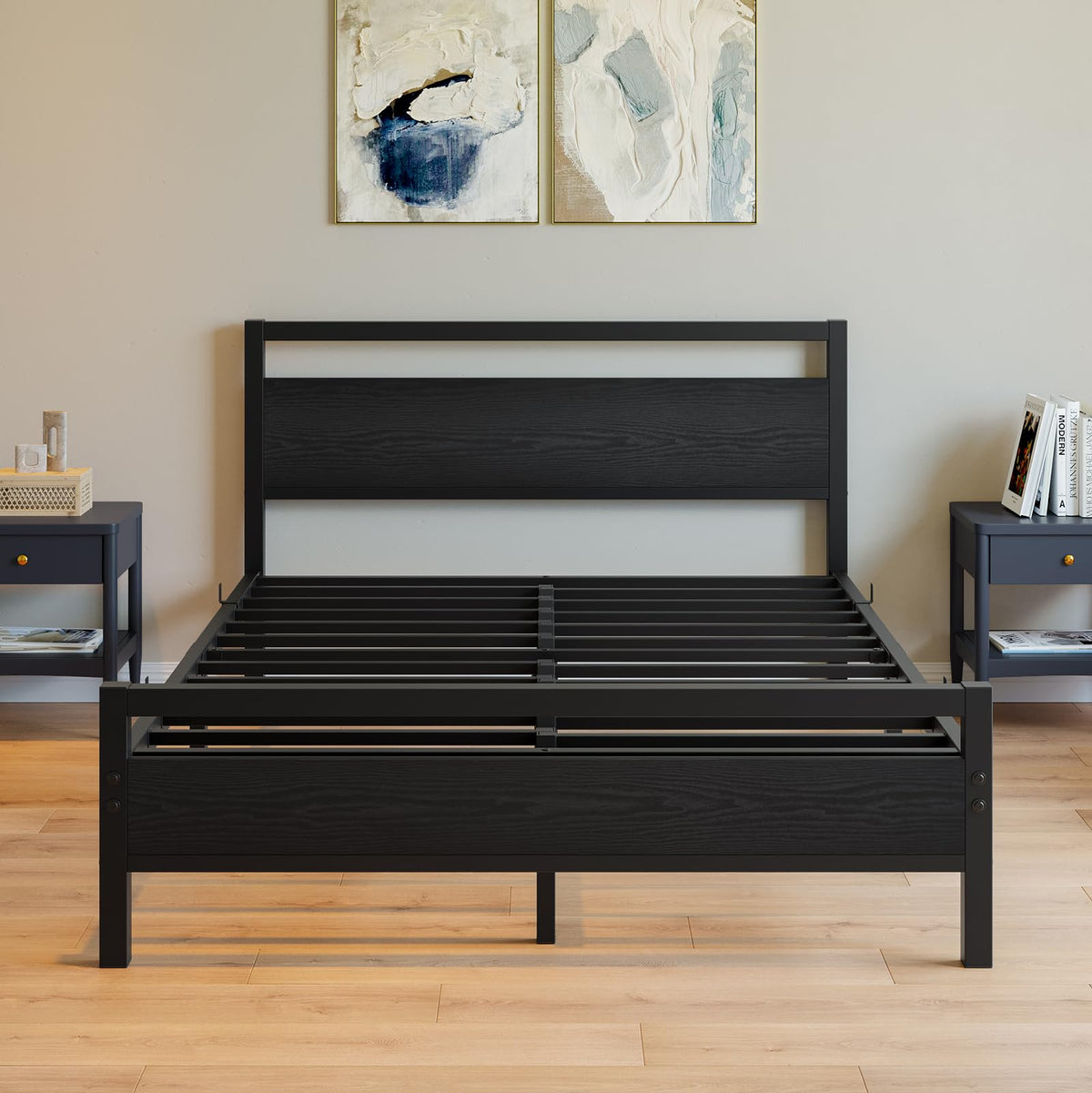 Black Full Size Bed Frame with Wood Headboard and Storage Q418524