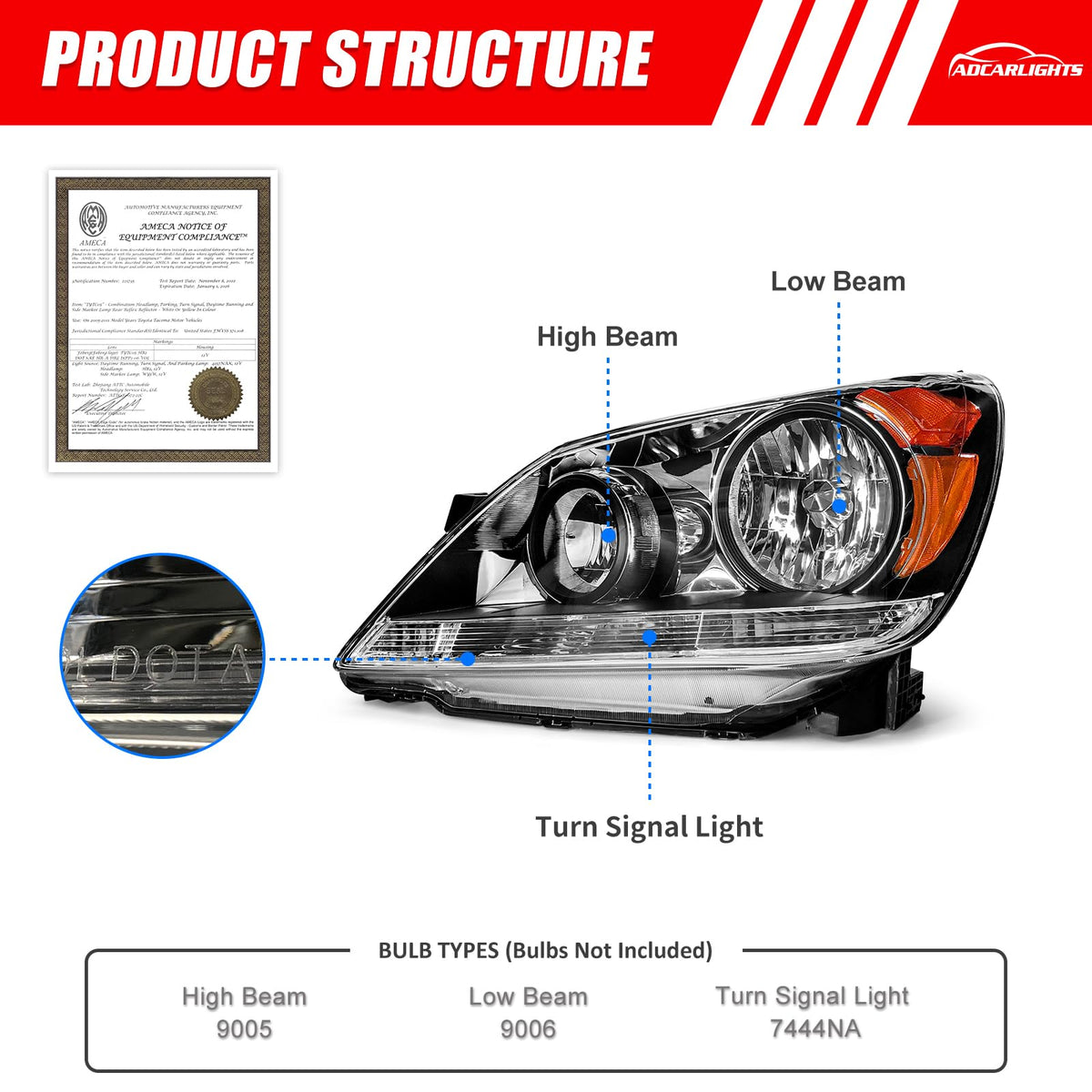 Black Housing Amber Reflector Headlight Assembly Pair M2777