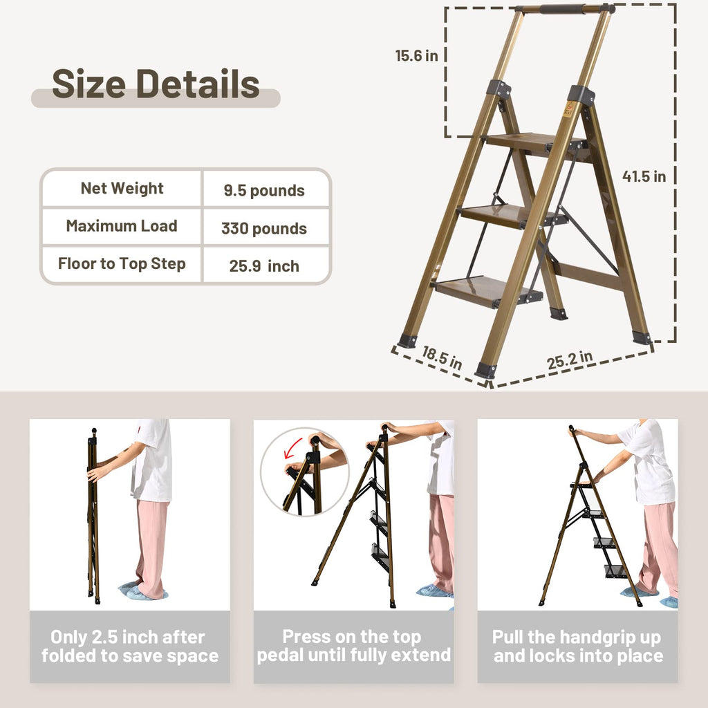 3 Step Aluminum Step Stool with Retractable Handrail R259862