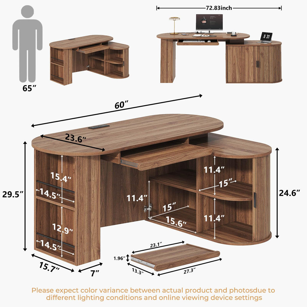 L Shaped Corner Desk with Storage Cabinet Walnut 60 Inch V17503