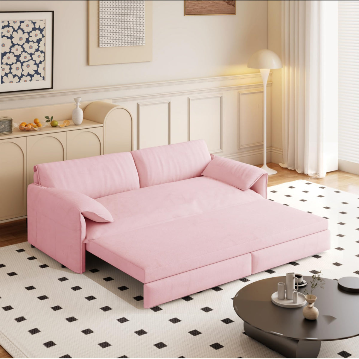 Queen Size Pink Velvet Convertible Futon Sofa Bed R3394