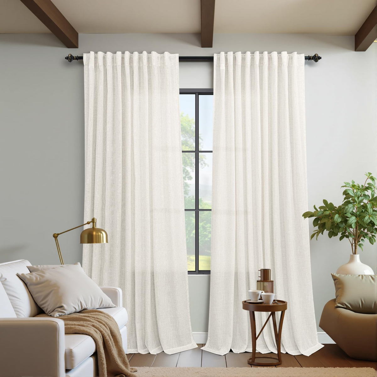 72 Inch Wide Linen Sheer Curtains, 84 Inch Long, 2 Panels Set Y765327