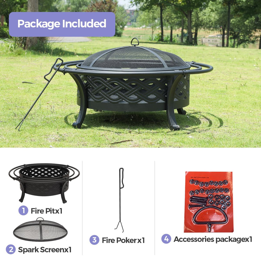 36 Inch Outdoor Fire Pit with Spark Screen Black E13474