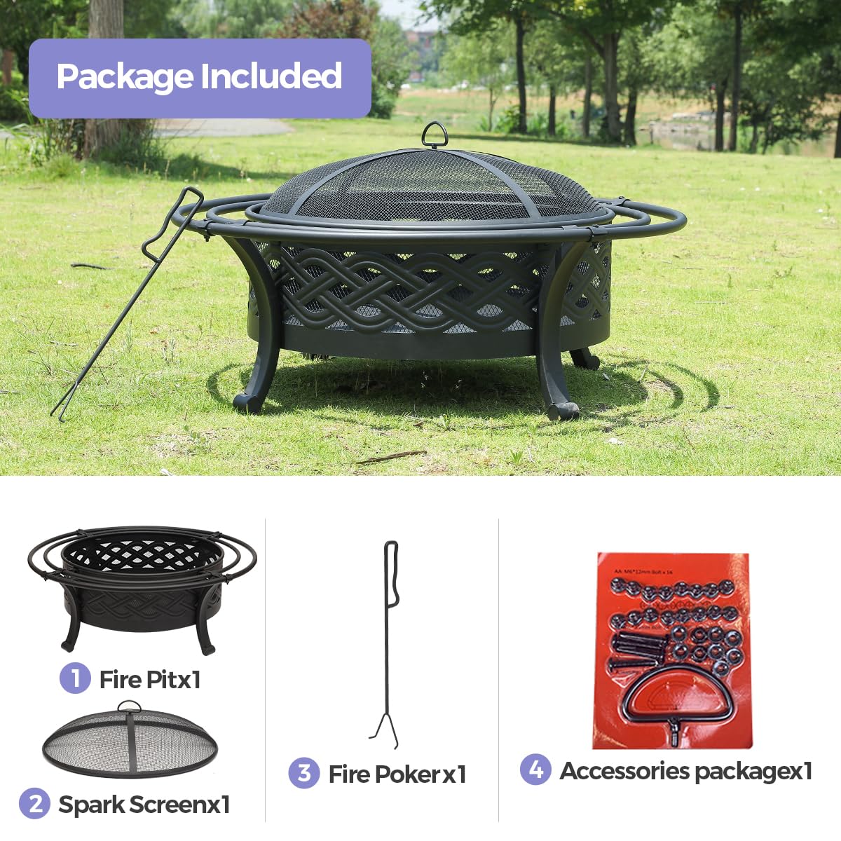 36 Inch Outdoor Fire Pit with Spark Screen Black E13474