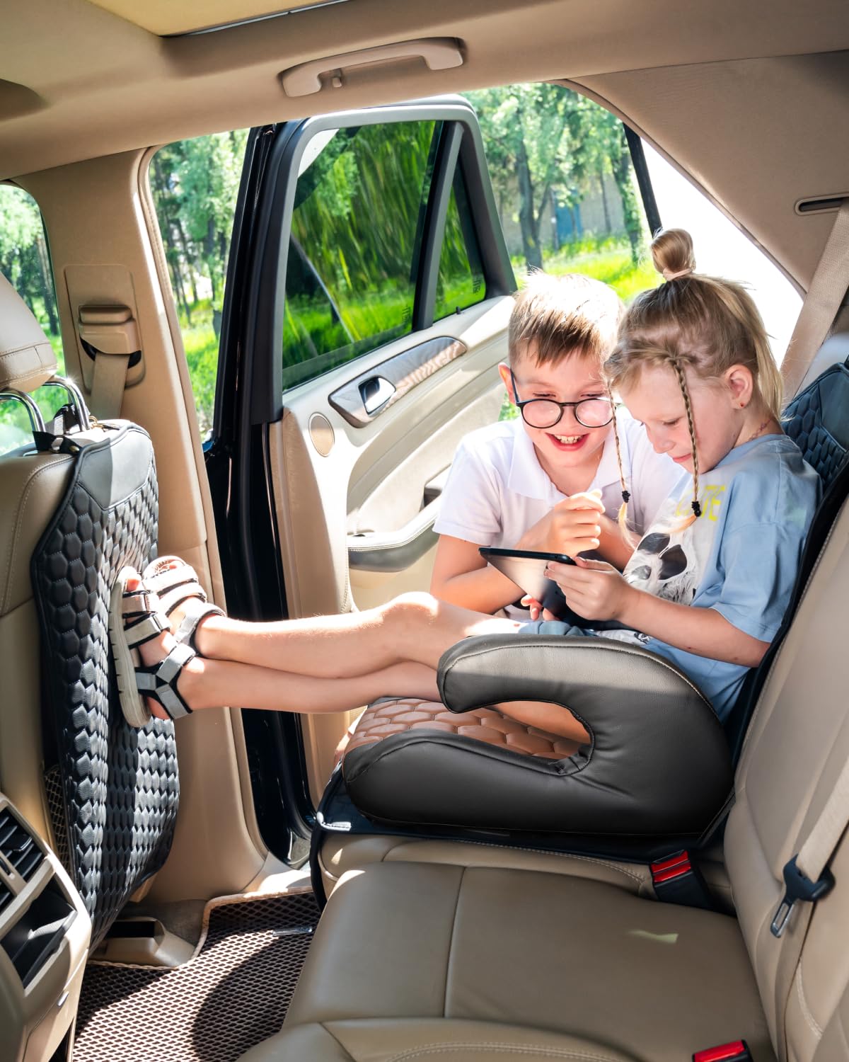 Black-Brown Backless Booster Seat with Latch, Leather Seat Protector & Kick Mat Set O735459