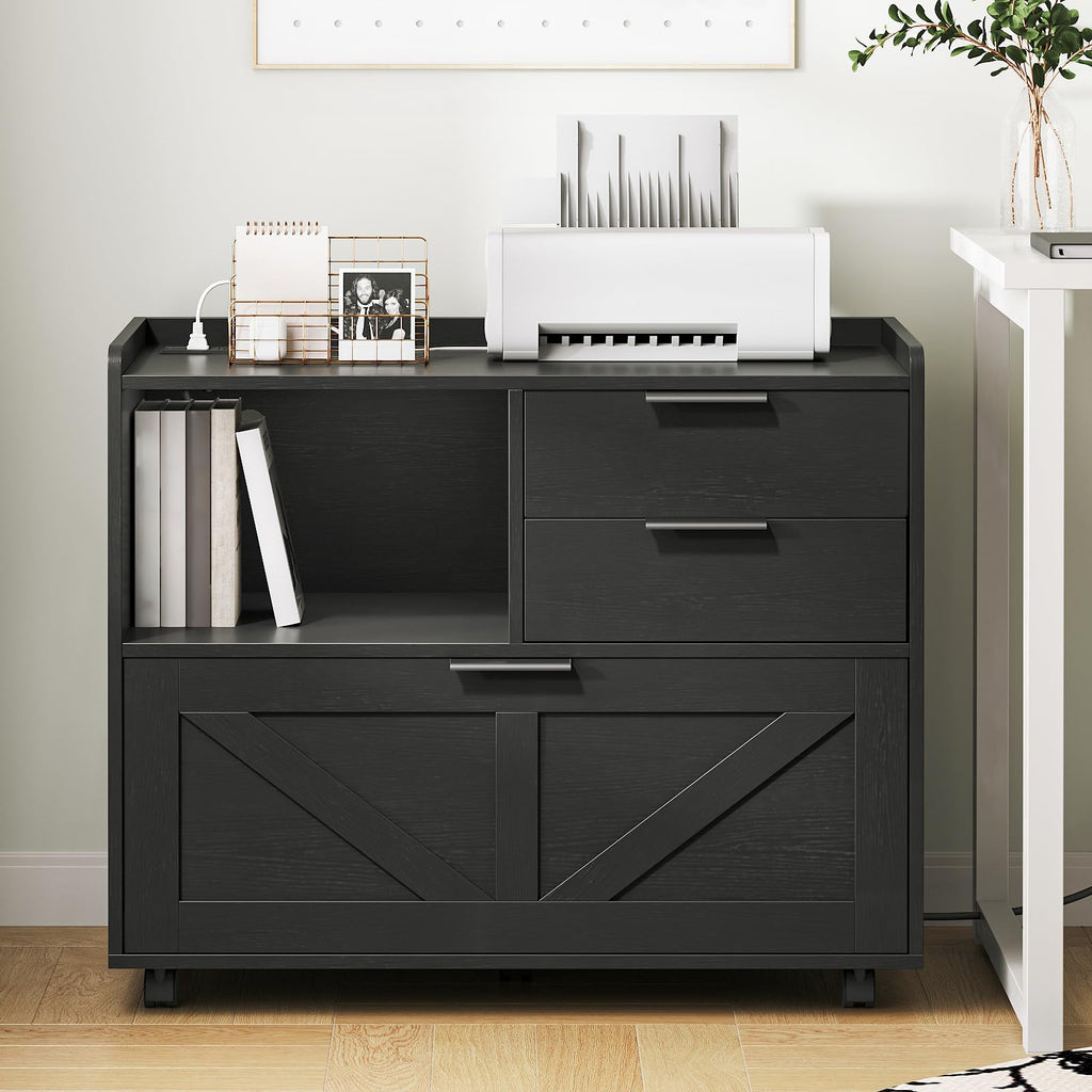 Black Wood Lateral File Cabinet with Charging Station P406