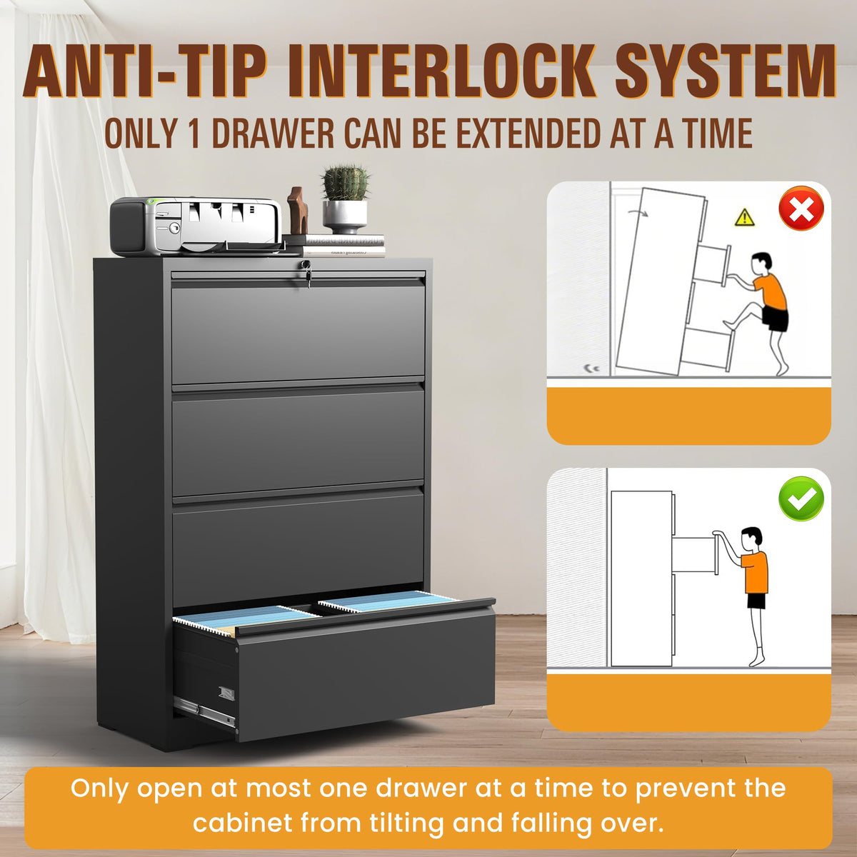 Black 4 Drawer Metal Lateral File Cabinet with Lock W40714