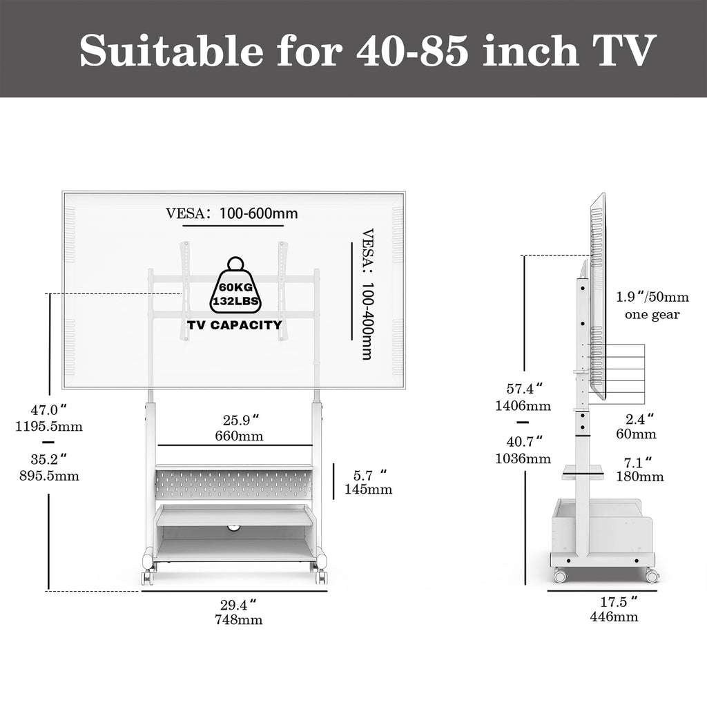 Rolling TV Floor Stand for 40-85in TVs, Height-Adjustable, Walnut H808966