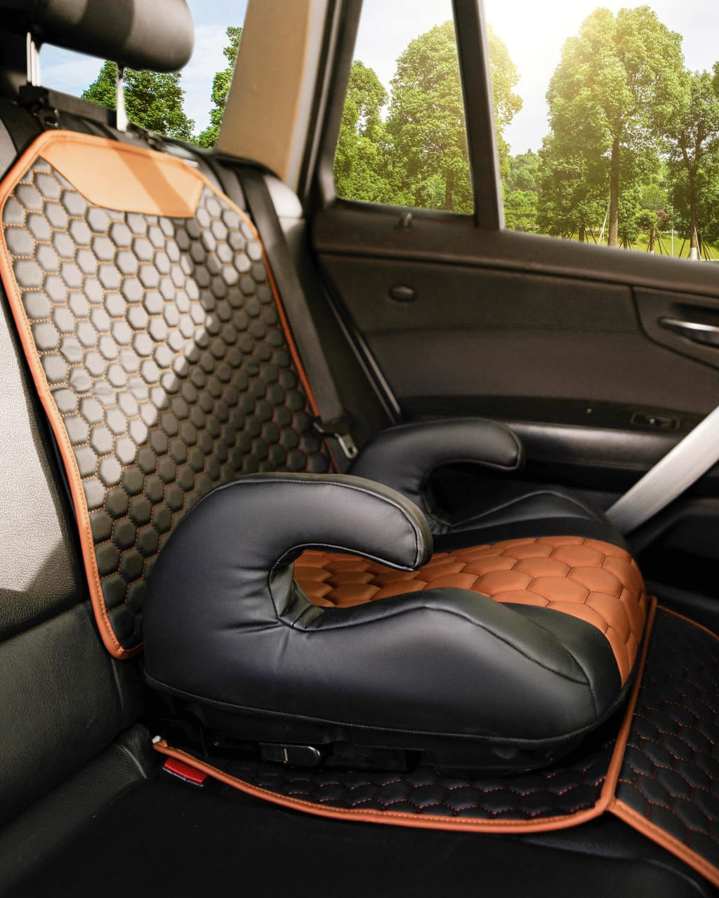 Black-Brown Backless Booster Seat with Latch, Leather Seat Protector & Kick Mat Set O735459