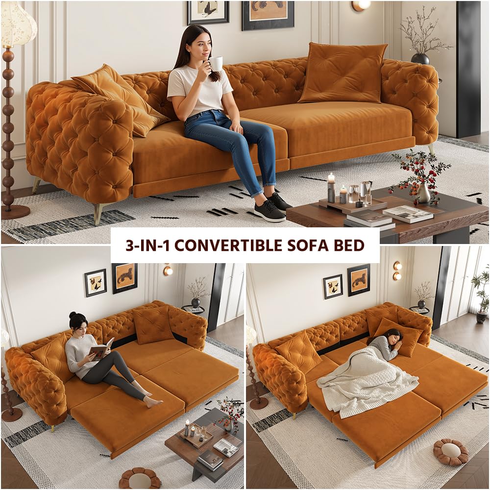 Orange Velvet 3 in 1 Convertible Sleeper Sofa V7939