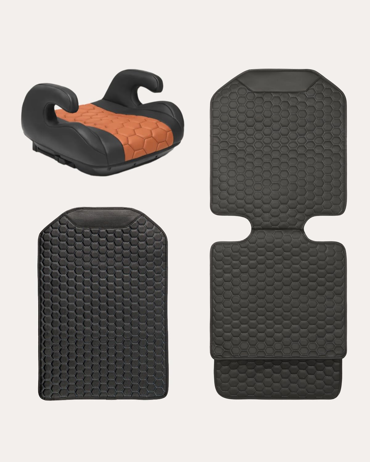 Black-Brown Backless Booster Seat with Latch, Leather Seat Protector & Kick Mat Set O735459