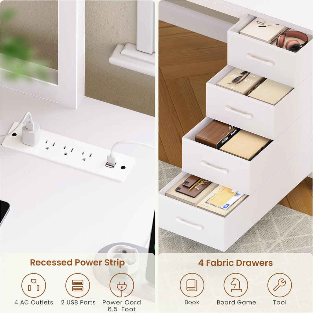 L Shaped Corner Desk with 4 Drawer, Power Outlet & LED Lights, White B821