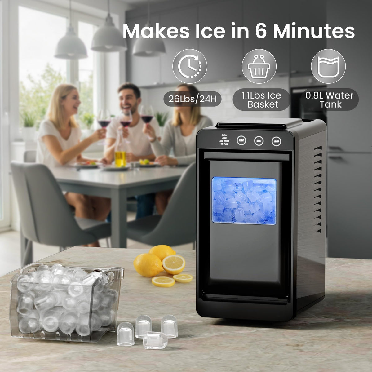 Portable Countertop Ice Maker, 26 lbs/24H, Self-Cleaning, Black M433079