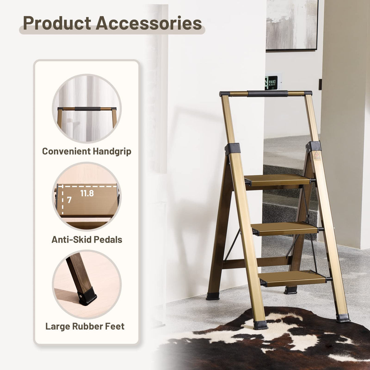 3 Step Aluminum Step Stool with Retractable Handrail R259862