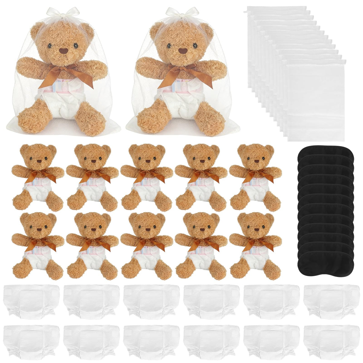 Baby Shower Games Set of 12 with Diapers, Baby Dolls, White Organza Bags and Blindfolds H24302
