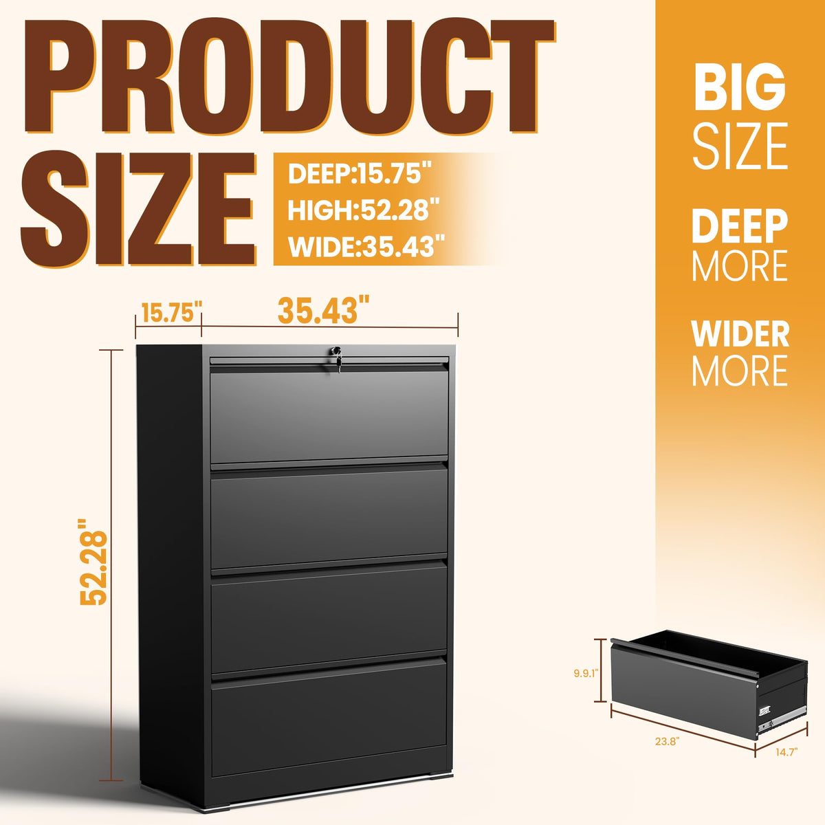 Black 4 Drawer Metal Lateral File Cabinet with Lock W40714