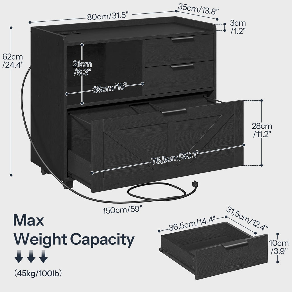 Black Wood Lateral File Cabinet with Charging Station P406