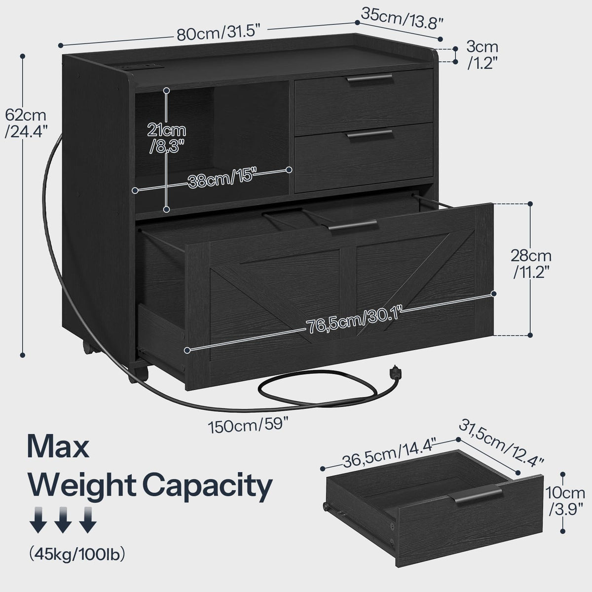 Black Wood Lateral File Cabinet with Charging Station P406
