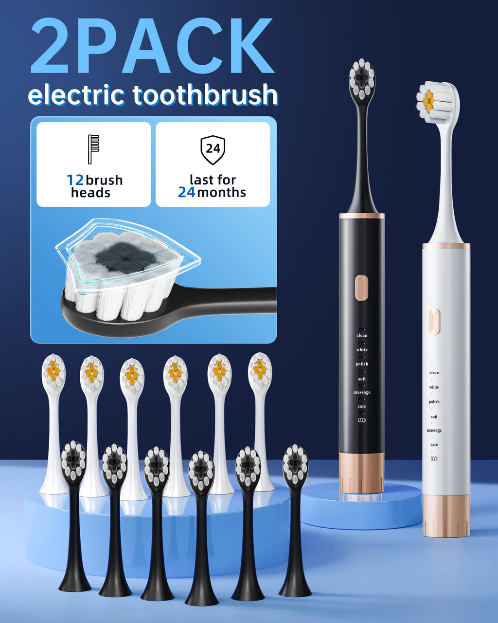 2 Pack Electric Toothbrush with 12 Replacement Heads F40580