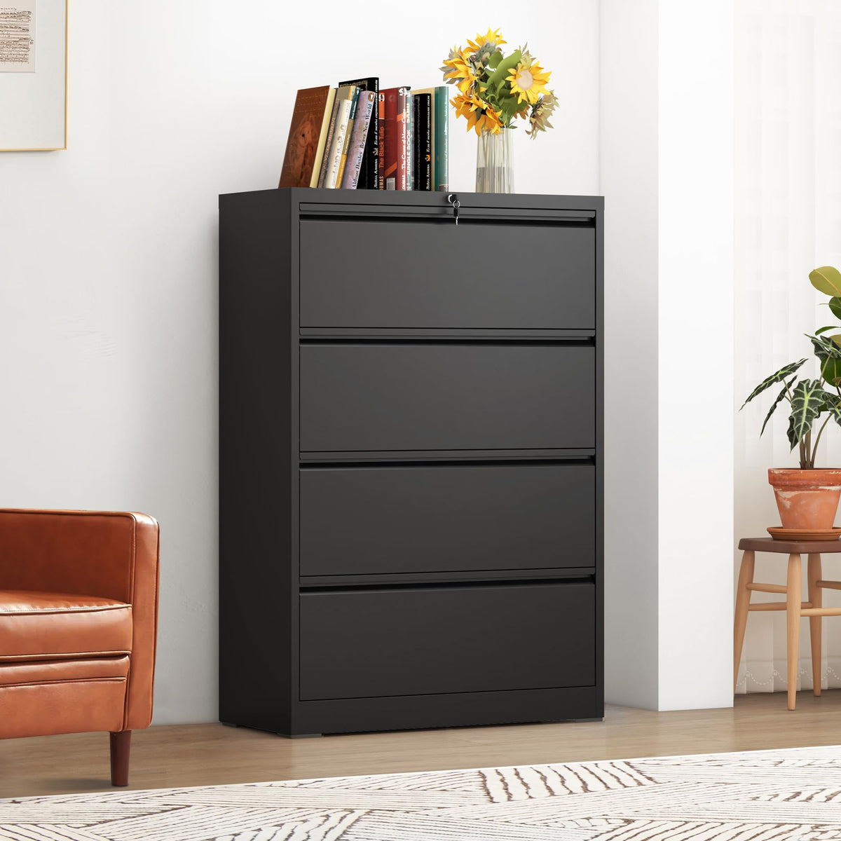 Black 4 Drawer Metal Lateral File Cabinet with Lock W40714