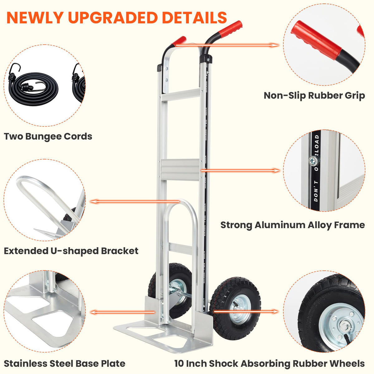 Aluminum Hand Truck Dolly Cart with 10" Pneumatic Tire, 600 LBS Capacity T36623
