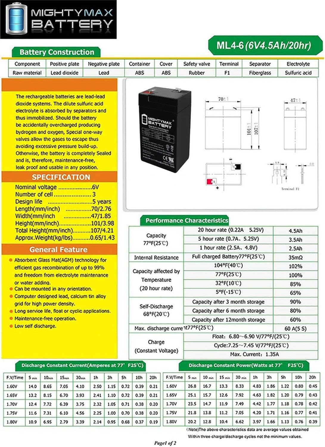 6V 4.5AH SLA Battery 2 Pack T36020