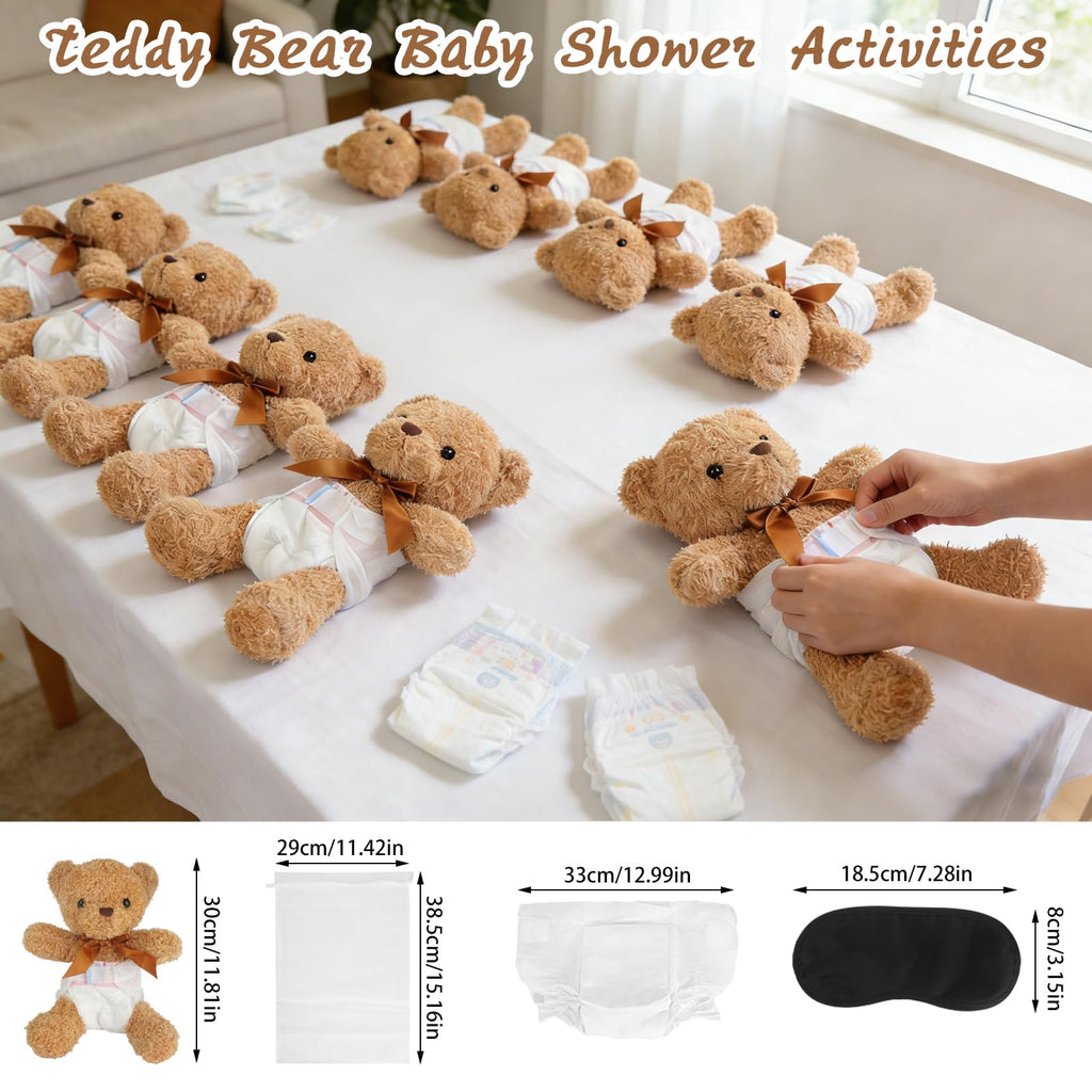 Baby Shower Games Set of 12 with Diapers, Baby Dolls, White Organza Bags and Blindfolds H24302