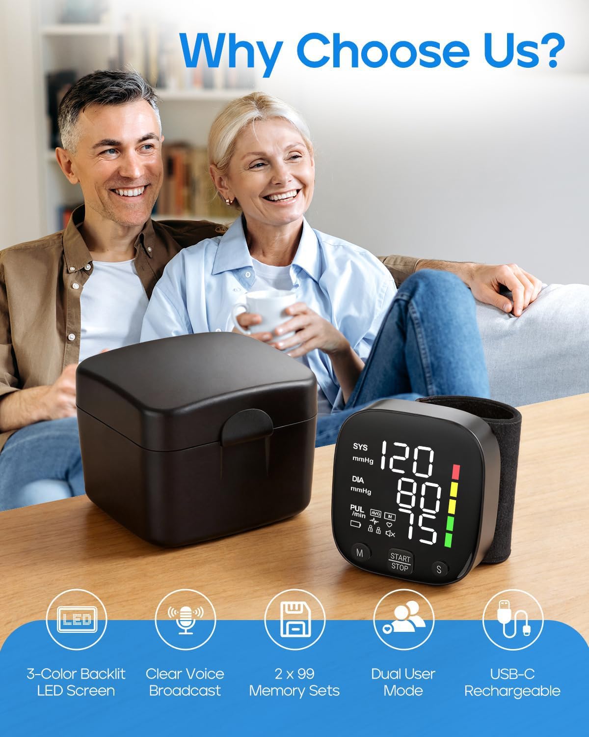 Wrist Blood Pressure Monitor LED Display 2x99 Memory Type-C Rechargeable R404