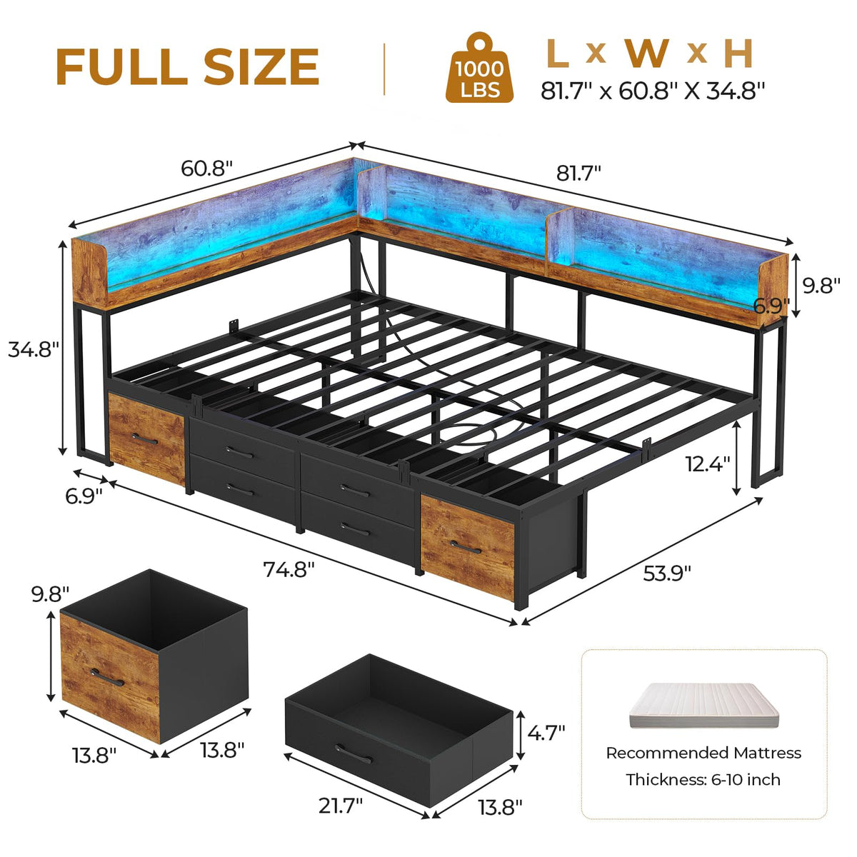 14 Inch Corner Bed Frame with Bookcase Storage, Full Daybed with 6 Drawers, Charging Station and LED Light, Black & Vintage Brown R20360