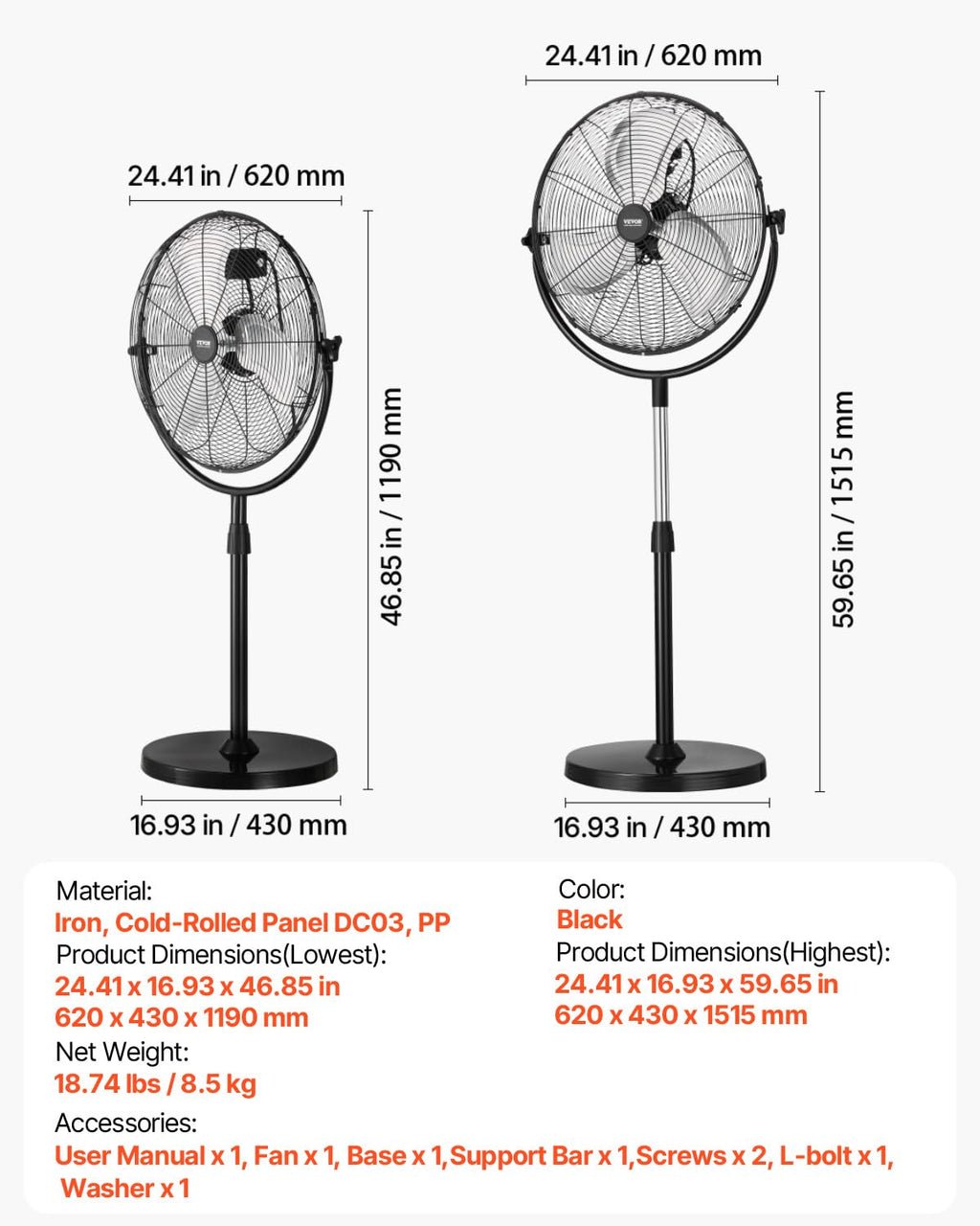 20 Inch 3 Speed Adjustable Height Pedestal Fan L39428